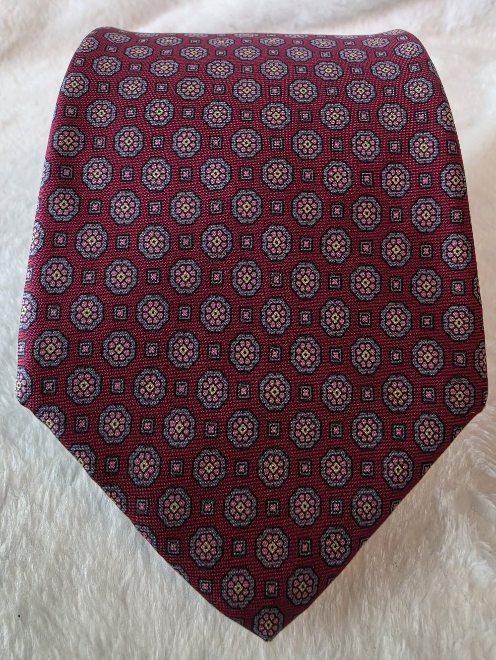 Vintage Mario Valentino Men's Silk Necktie Geometric Medallion Deep Red